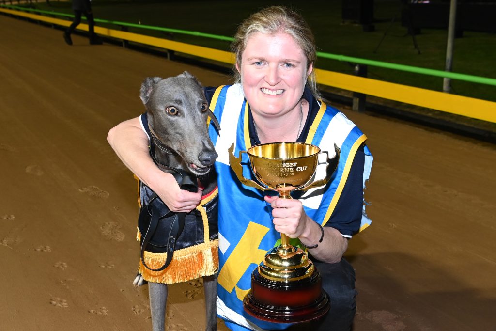 Canya Mayhem winner of the 2025 Sportsbet Melbourne Cup with trainer Jess Hopkins.